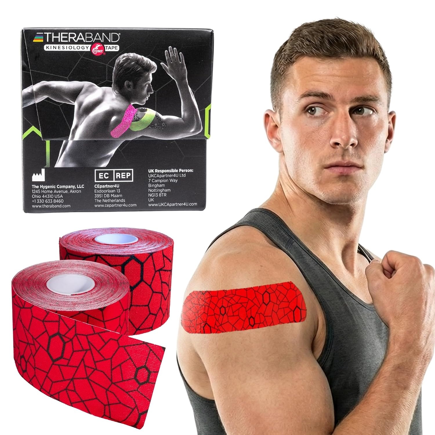 image:imageTHERABAND Kinesiology Tape Waterproof Physio Tape for Muscle amp Joint Support Standard Roll with XactStretch Application Indicators 2 Inch x 164 Foot Roll BlackWhiteHot RedBlack