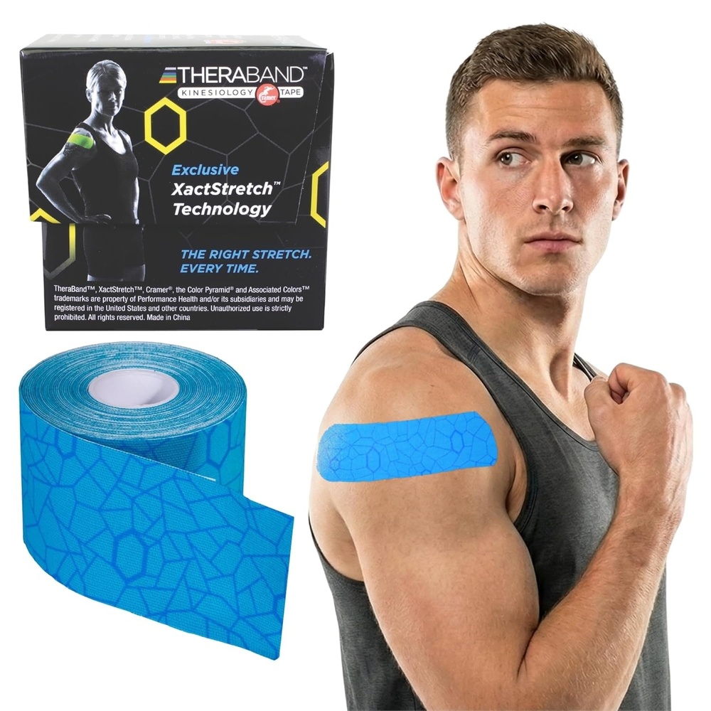 image:imageTHERABAND Kinesiology Tape Waterproof Physio Tape for Muscle amp Joint Support Standard Roll with XactStretch Application Indicators 2 Inch x 164 Foot Roll BlackWhiteBlueBlue