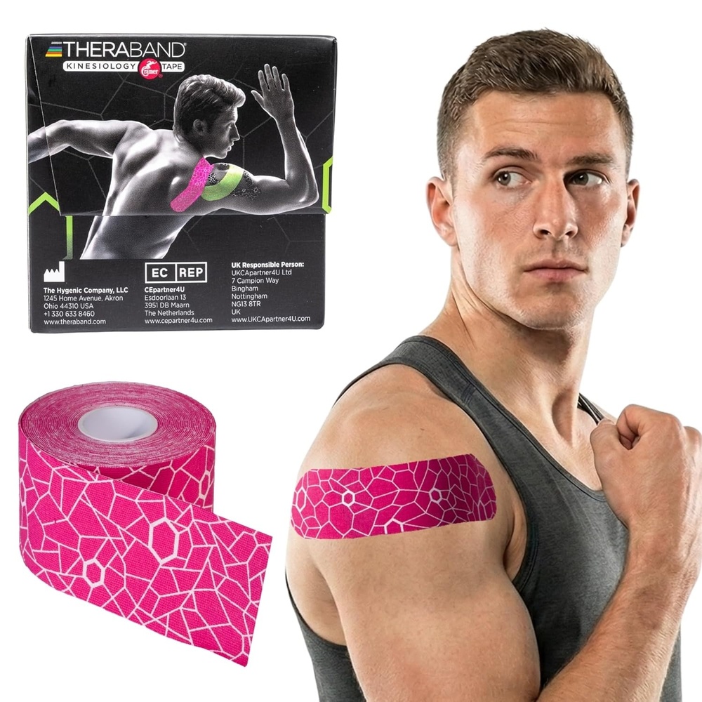 image:imageTHERABAND Kinesiology Tape Waterproof Physio Tape for Muscle amp Joint Support Standard Roll with XactStretch Application Indicators 2 Inch x 164 Foot Roll BlackWhitePinkWhite
