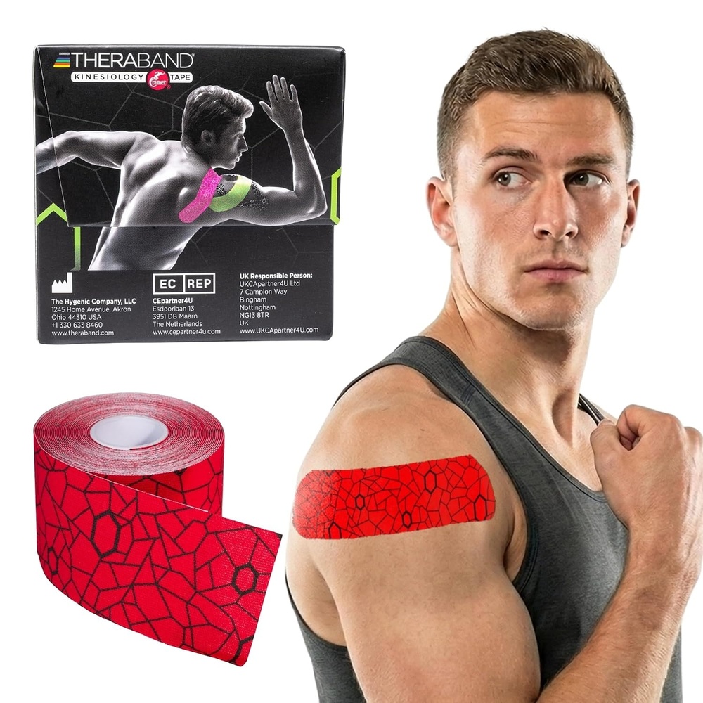 image:imageTHERABAND Kinesiology Tape Waterproof Physio Tape for Muscle amp Joint Support Standard Roll with XactStretch Application Indicators 2 Inch x 164 Foot Roll BlackWhiteHot RedBlack