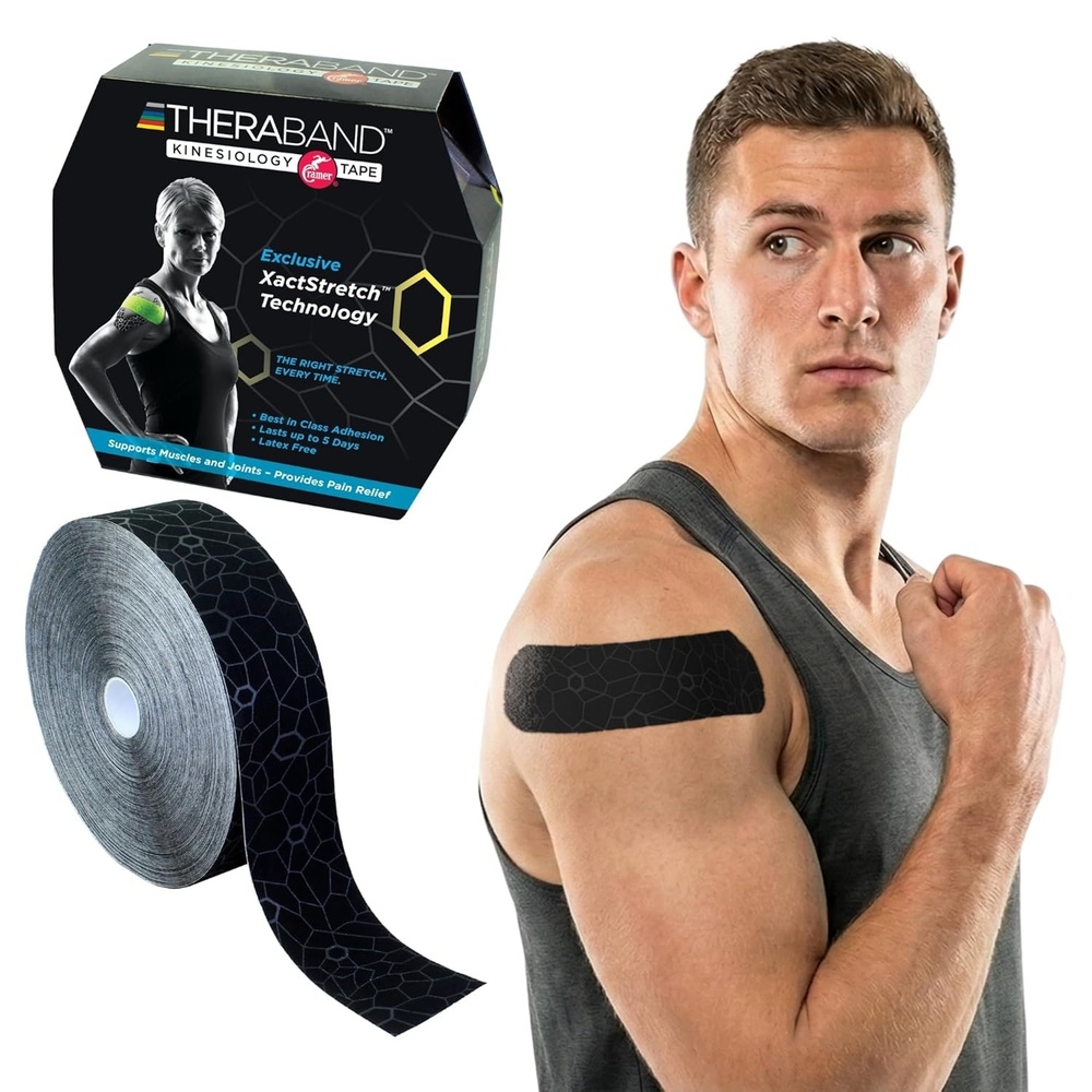 image:imageTHERABAND Kinesiology Tape Waterproof Physio Tape for Muscle amp Joint Support Standard Roll with XactStretch Application Indicators 2 Inch x 164 Foot Roll BlackWhiteBlackGrey