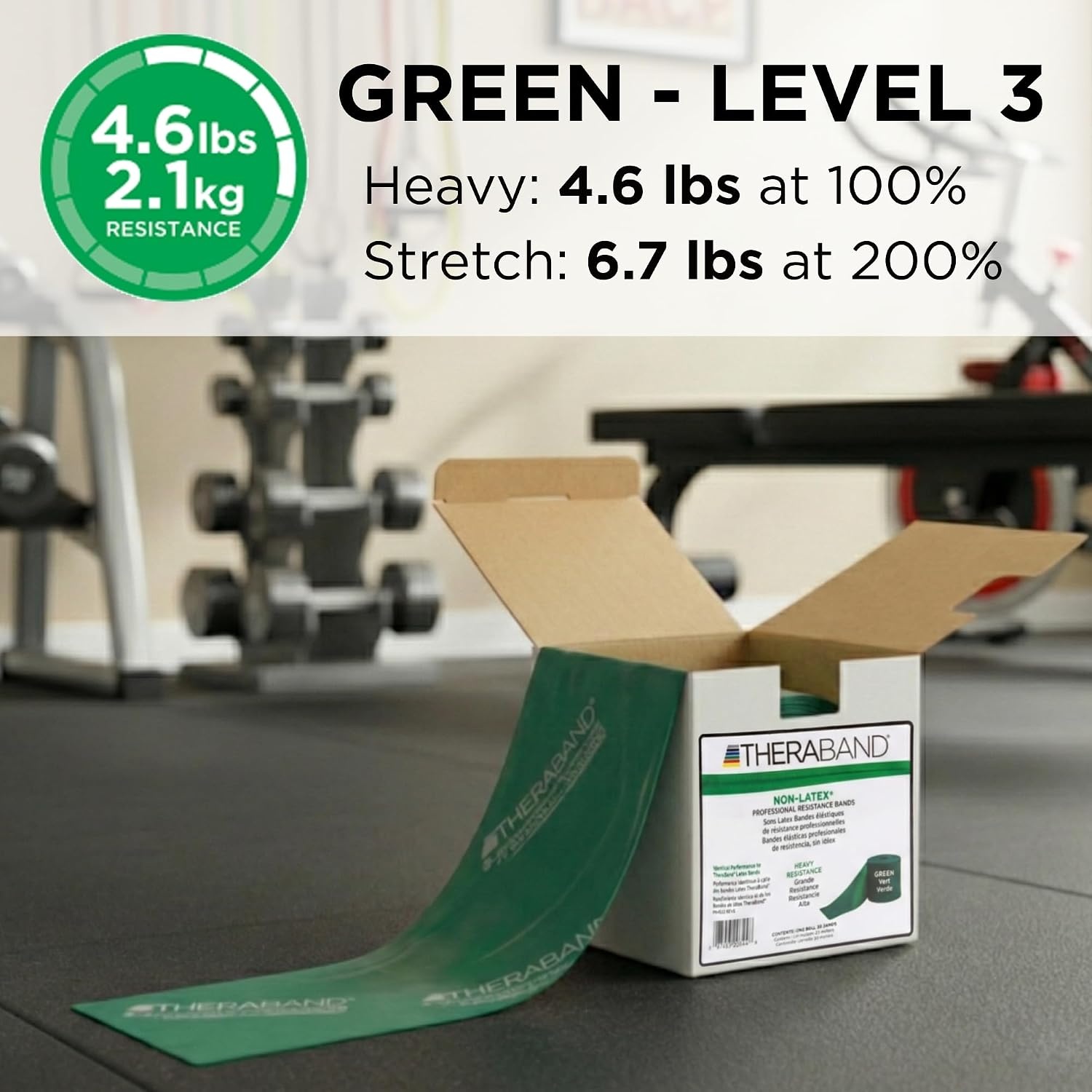 image:imageTHERABAND Resistance BandGreenHeavy25Yard RollLatexFreeElastic Band ExercisePhysical TherapyYogaPilatesStretchingHome WorkoutsCuttoLengthColorCoded for Easy ResistancePack of 12